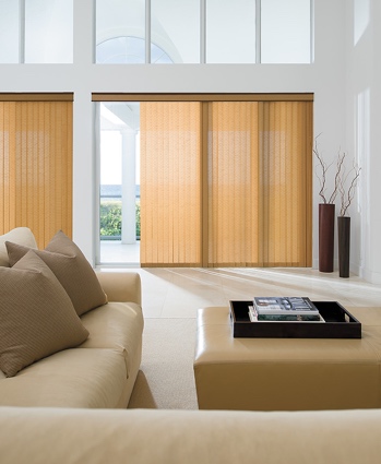 Panel track blinds in airy living room